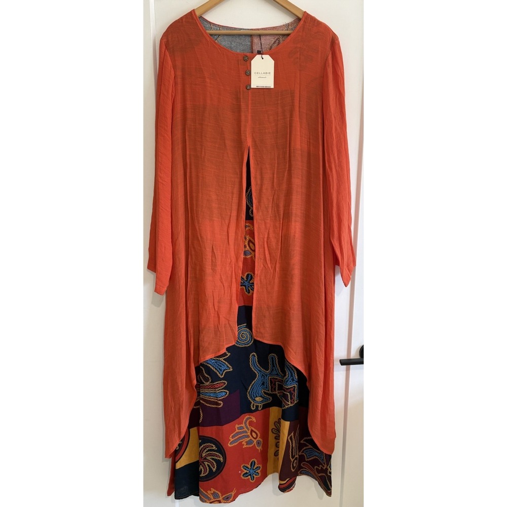 NWT Cellabie Layered Midi Caftan Dress 2XL Plus Orange Boho Lagenlook Tribal Art